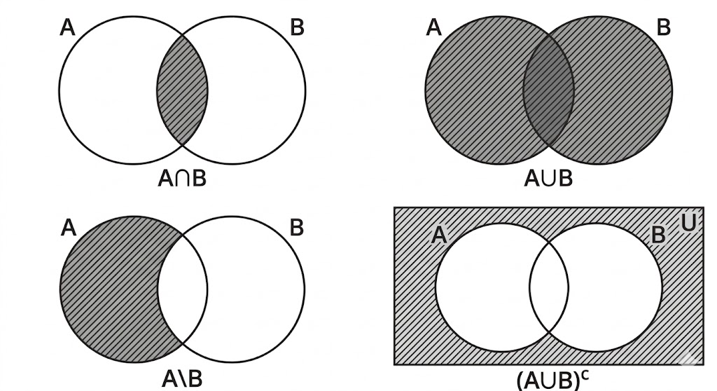 Diagrammes de Venn illustrant les opérations sur les ensembles : union, intersection, différence, complémentaire et différence symétrique